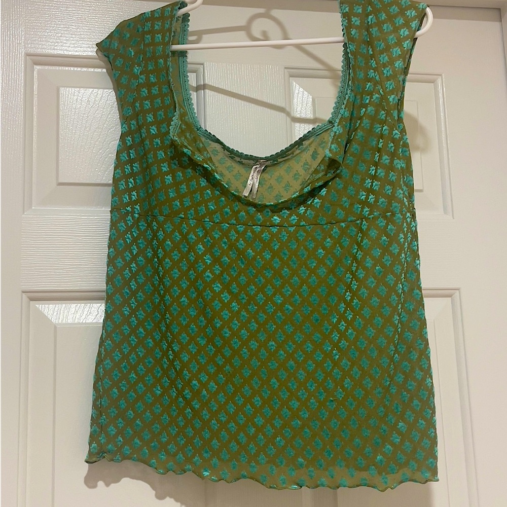 Free People Vintage Mesh Embroidered Lettuce Edge Shirt